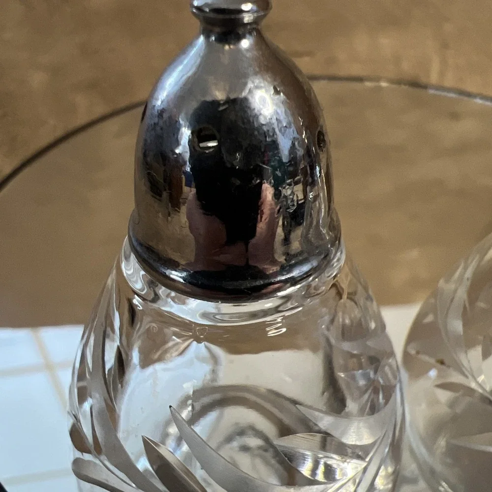Fostoria Holly Salt & Pepper Shaker Set Vintage 1950s‎ with Chrome Tops 2.75